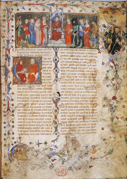 Framed Print : De remedijs utrusque fortunae title page with Petrarch in throne surrounded by characters, by Master of Latin Codex 757, field of, 1480 - 1499 about, 14th Century
