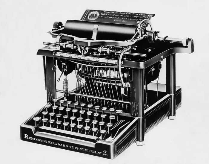 Framed Print : The Remington #2, the first typewriter capable of printing lower and upper case letters, circa 1878. Courtesy: CSU Archives / Everett Collection