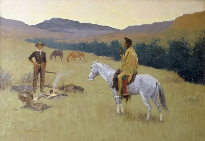 Framed Print : REMINGTON, Frederic (1861-1909). The Conversation, or Dubious Company. 1900. Realism. Oil on canvas. Private Collection. AISA / Everett Collection**US SALES ONLY**