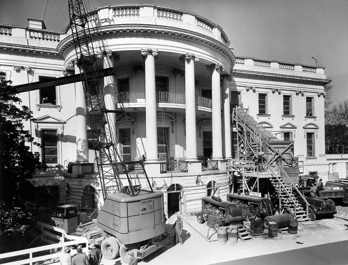 Framed Print : Renovation of the White House during the Truman Administration. Construction activity and equipment at the south porch of the White House, Feb. 27, 1950. - (BSLOC_2014_15_124) Framed Print : Renovation of the White House during the Truman Administration. Construction activity and equipment at the south porch of the White House, Feb. 27, 1950. - (BSLOC_2014_15_124)
