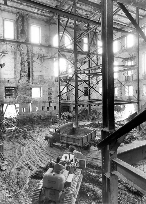 Framed Print : Renovation of the White House during the Truman Administration. Construction equipment inside the gutted White House. Only the brick outer walls remain of the old building Framed Print : Renovation of the White House during the Truman Administration. Construction equipment inside the gutted White House. Only the brick outer walls remain of the old building
