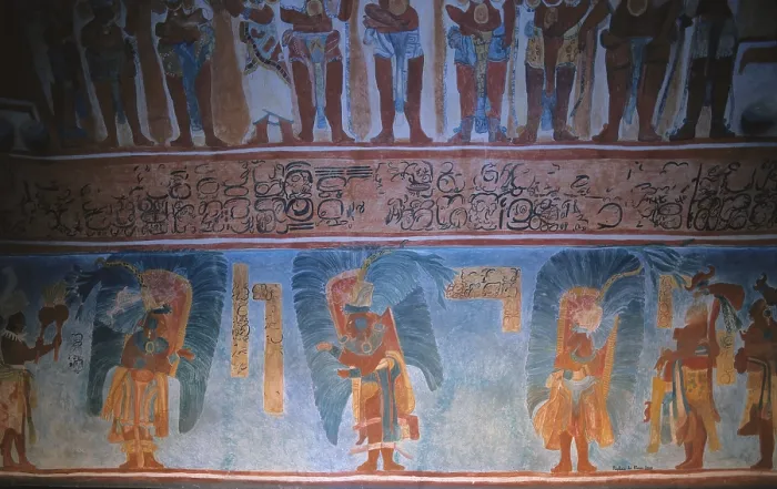 Framed Print : Replica of the Mayan wall paintings placed in Bonampak Temple in Chiapas. Late classical period (662-830). Scene with priests. Detail. Maya art. Painting. MEXICO. Mexico City