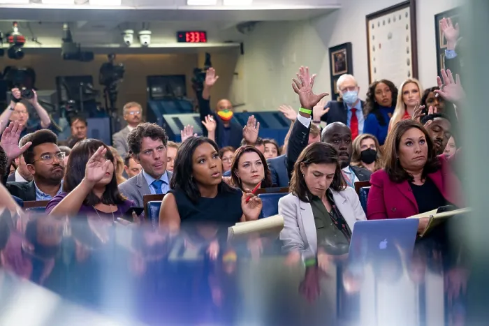 Framed Print : Reporters raise their hands during a press briefing by Press Secretary Jen Psaki, July 16, 2021 Framed Print : Reporters raise their hands during a press briefing by Press Secretary Jen Psaki, July 16, 2021