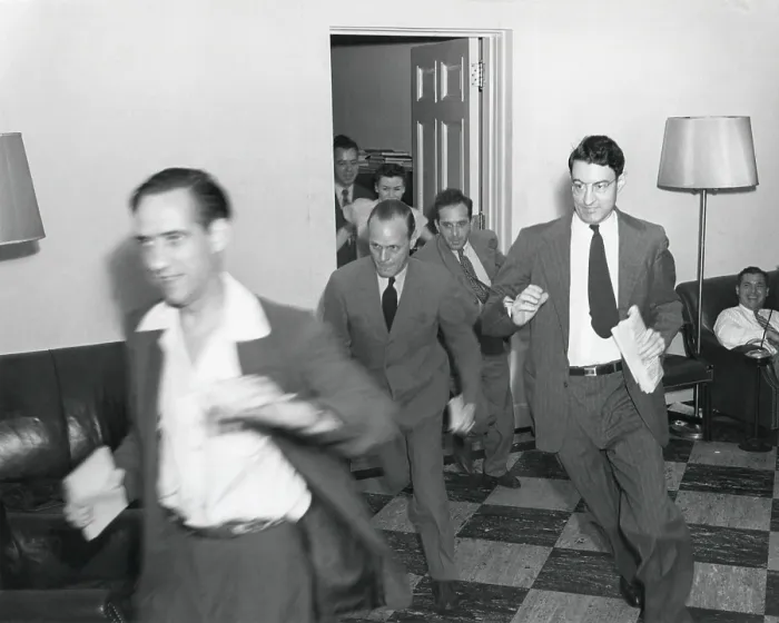 Framed Print : Reporters running through the White House after the announcement of Japan's surrender, ending WW2. August 14, 1945. - (BSLOC_2014_15_21) Framed Print : Reporters running through the White House after the announcement of Japan's surrender, ending WW2. August 14, 1945. - (BSLOC_2014_15_21)