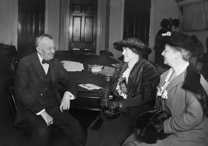 Framed Print : Representative Horace Mann Towner of Iowa meets with womens rights activists Mrs. Eugene Dieudonne (center) and Maud Wood Park (right), ca. 1920-1925