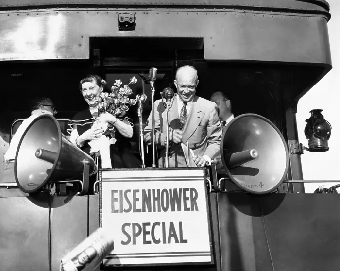 Framed Print : Republican candidate for president Dwight Eisenhower and his wife campaigning on the Eisenhower Special during 1952 election. Nov. 3, 1952