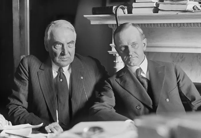 Framed Print : Republican candidate for President Warren Harding with running mate, Calvin Coolidge. Harding was a first term Senator from Ohio and Coolidge was the Governor of Massachusetts