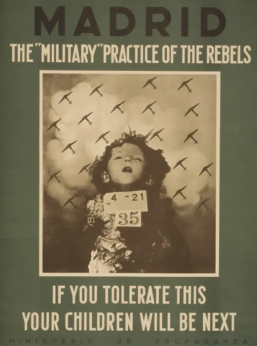 Framed Print : Republican English language poster attacking the Nationalist practice of aerial bombing