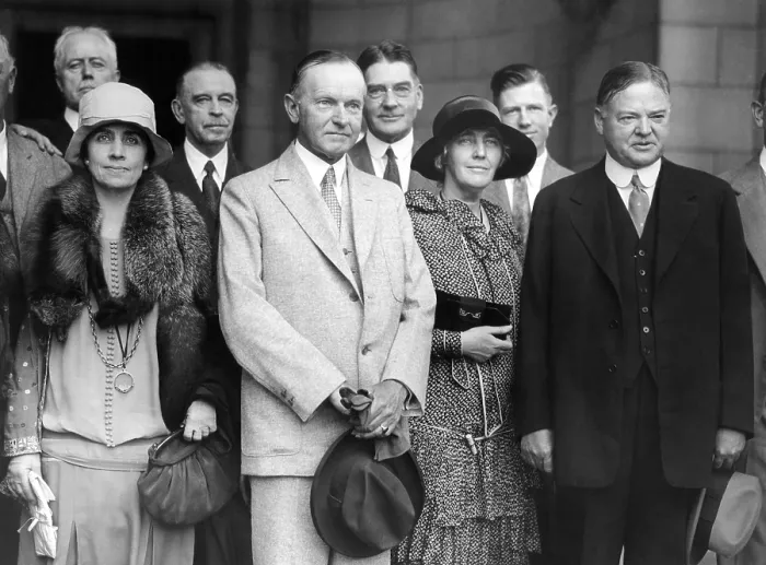 Framed Print : Republican nominee Hoover heads the greeting party for President and Mrs. Coolidge. L-R: First Lady Grace Coolidge, Calvin Coolidge, Mrs. Lou Hoover, and Herbert Hoover. Sept