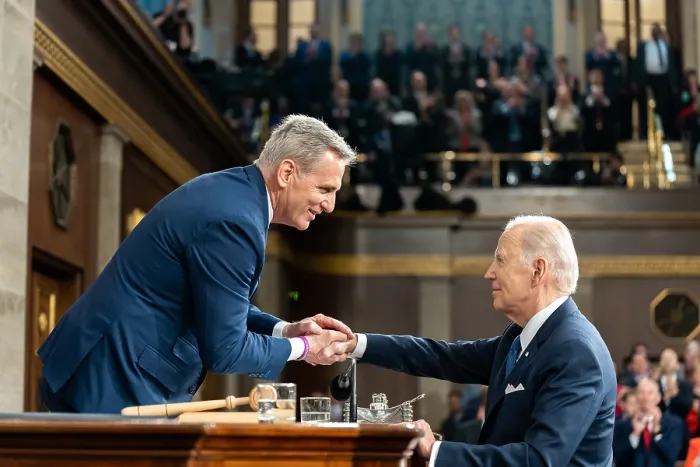 Framed Print : Republican Speaker Kevin McCarthy greets President Joe Biden as he arrives to deliver his State of the Union address, Feb. 7, 2023, at the US Capitol in Washington, DC