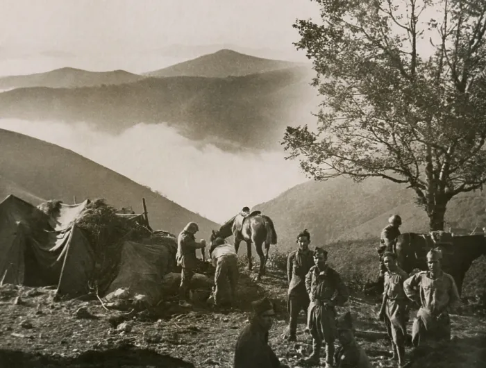 Framed Print : Republican troops in camp in the Pyrenees foothills with grand mountainous scenery Framed Print : Republican troops in camp in the Pyrenees foothills with grand mountainous scenery