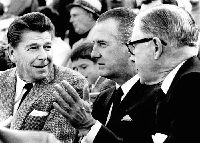 Framed Print : Republicans at a Los Angeles Rams and the Minnesota Vikings game. L-R: California Gov. Ronald Reagan; VP Spiro Agnew; Senator George Murphy. Dec. 7, 1969