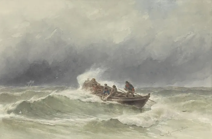 Framed Print : Rescue at Sea, by Jacob Eduard van Heemskerck van Beest, c. 1850-90, Dutch watercolor painting. Six man rowboat pulls a seaman abroad in storm blown open sea (BSLOC_2016_2_33)