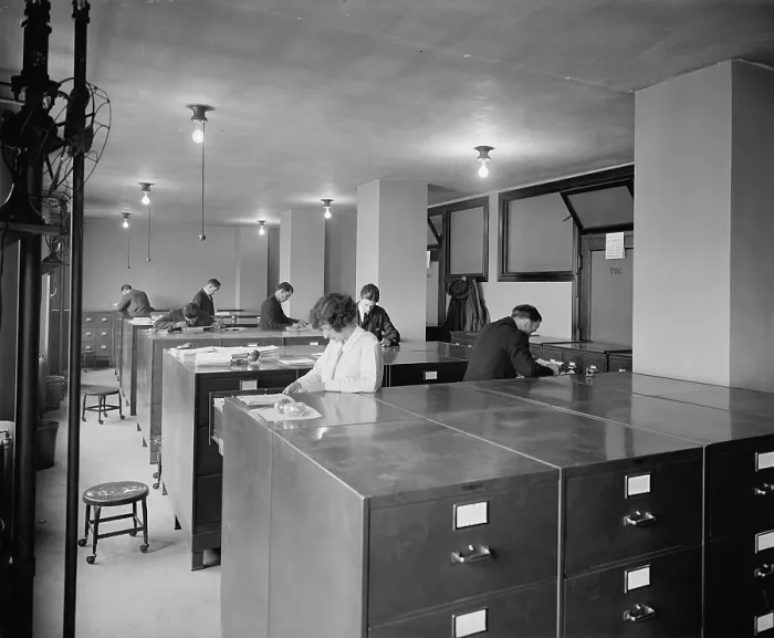 Framed Print : Researchers at the National Bureau of Identification, which became part of the FBI in 1924. They are working with the fingerprint records (BSLOC_2016_10_68)