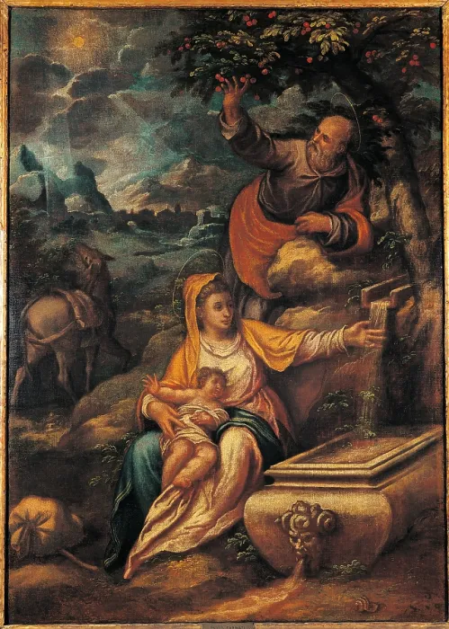 Framed Print : Rest during the Flight to Egypt, by Paolo Farinati, 16th Century, oil on cavnas - Italy, Lombardy, Milan, Brera Accademy of Fine Arts. Whole artwork view