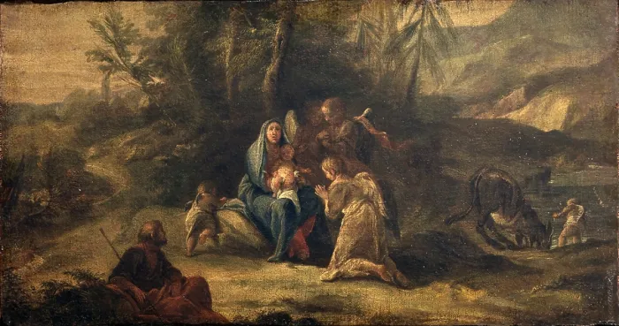 Framed Print : Rest during the Flight to Egypt, by Unknown Artist colse to Francesco Fontebasso, 18th Century, oil on canvas - Italy, Lombardy, Milan, Castello Sforzesco