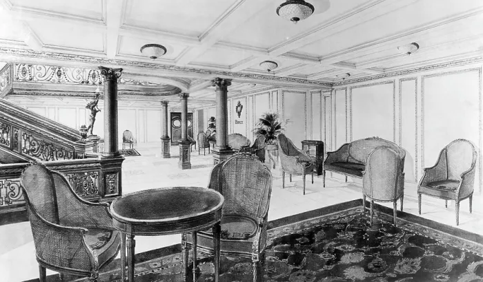 Framed Print : The restaurant reception room of the RMS Titanic, which sank after hitting an iceberg on its maiden voyage, 1912. Courtesy: CSU Archives / Everett Collection