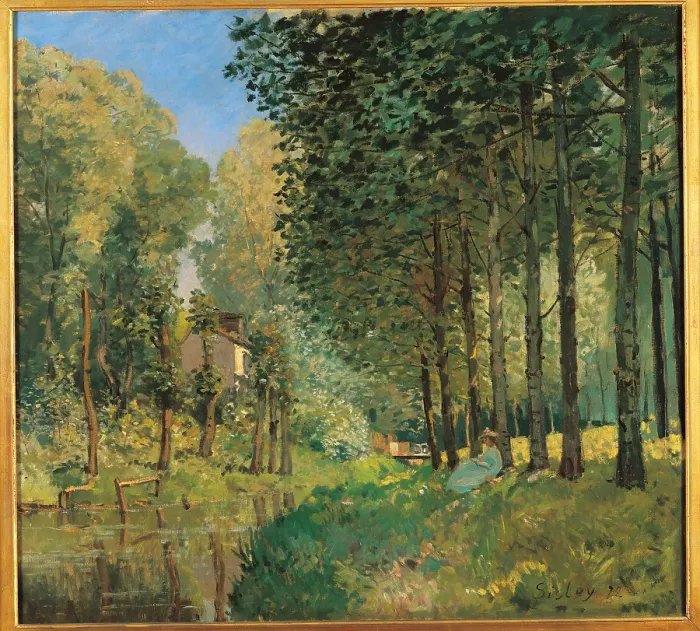 Framed Print : Resting On The Shore Of The Brook, by Alfred Sisley, 1872, 19th Century, oil on canvas, cm 73, 5 x 80, 5 - France, Ile de France, Paris, Muse dOrsay, RF1693. All
