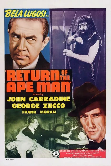 Framed Print : RETURN OF THE APE MAN, US poster, Bela Lugosi (top left), John Carradine (bottom right), 1944