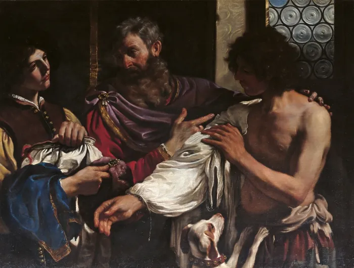 Framed Print : The Return of the Prodigal Son, by Giovan Francesco Barbieri known as il Guercino, 1627 - 1628, 17th Century, oil on canvas, cm 125 x 163 - Italy, Lazio, Rome, Borghese Gallery