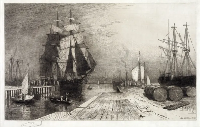 Framed Print : Return of the Whaler, etching with ships and dock, circa late 1800s Framed Print : Return of the Whaler, etching with ships and dock, circa late 1800s