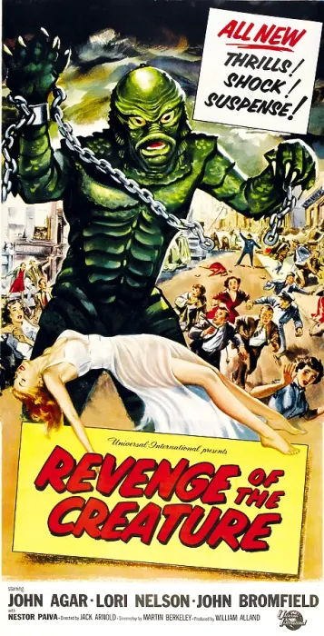 Framed Print : REVENGE OF THE CREATURE, as the Gill Man': Tom Hennesy (on land), Ricou Browning (underwater); bottom: Lori Nelson on 3-sheet poster art by Reynold Brown, 1955