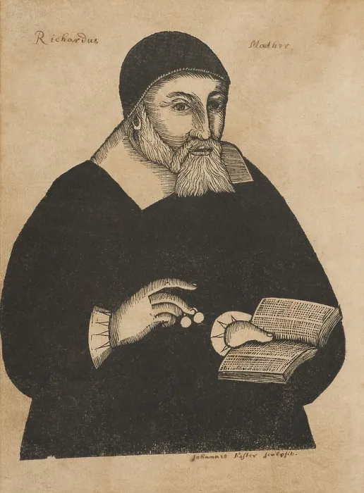 Framed Print : Reverend Richard Mather, a Puritan minister, holds a bible and spectacles in a wood engraving by John Foster Framed Print : Reverend Richard Mather, a Puritan minister, holds a bible and spectacles in a wood engraving by John Foster
