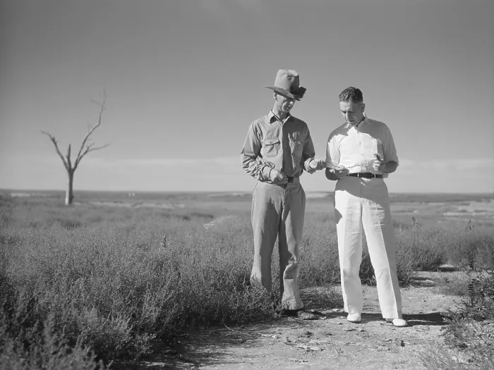 Framed Print : Rex Tugwell and farmer of dust bowl area in Texas Panhandle. July-Aug. 1936 Framed Print : Rex Tugwell and farmer of dust bowl area in Texas Panhandle. July-Aug. 1936