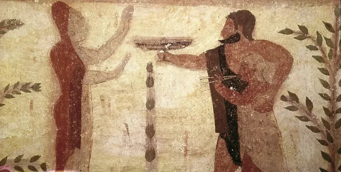 Framed Print : REYNOLDSSir Joshua (1723-1792). Tomb of the Baron. 510-500 B.C. ITALY. Tarquinia. Necropolis of Monterozzi. Funeral scene. Detail of the farewell of the Baron. Etruscan art Framed Print : REYNOLDSSir Joshua (1723-1792). Tomb of the Baron. 510-500 B.C. ITALY. Tarquinia. Necropolis of Monterozzi. Funeral scene. Detail of the farewell of the Baron. Etruscan art