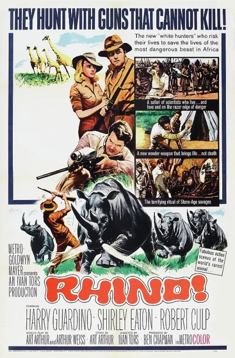 Framed Print : RHINO!, top l-r: Shirley Eaton, Harry Guardino, bottom: Robert Culp on poster art, 1964