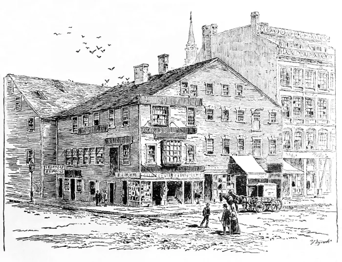 Framed Print : Rhode Island, Exchange Coffee House, constructed in 1750, 1-5 Market Square, Providence, circa 1750 Framed Print : Rhode Island, Exchange Coffee House, constructed in 1750, 1-5 Market Square, Providence, circa 1750