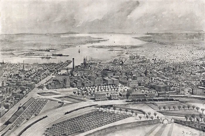 Framed Print : Rhode Island. View of the city of Providence as seen from the dome of the new State House. Drawn by M. D. Mason, published in the Providence Sunday journal, Nov. 15, 1896