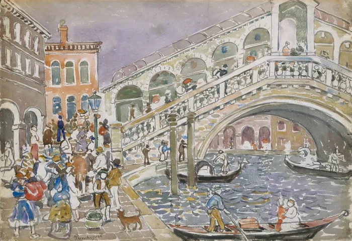 Framed Print : RIALTO BRIDGE (COVERED BRIDGE, VENICE), by Maurice Brazil Prendergast, 1911-12, Canadian-American watercolor. Drawing with gouache and charcoal on paper