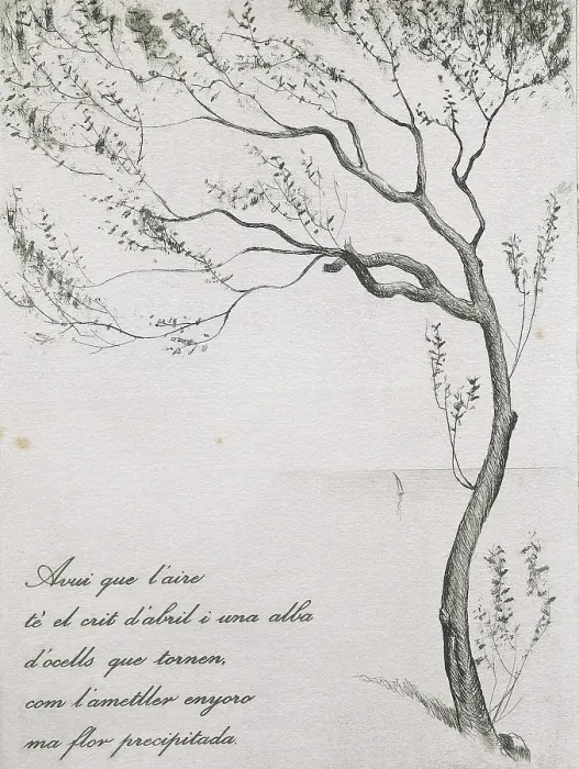 Framed Print : RIBA, Carles (1893-1959). Spanish writer in Catalan language. 'Tannka' (traditional Japanese verse form) by Carles Riba, illustrated by Jaume Pla i Pallej