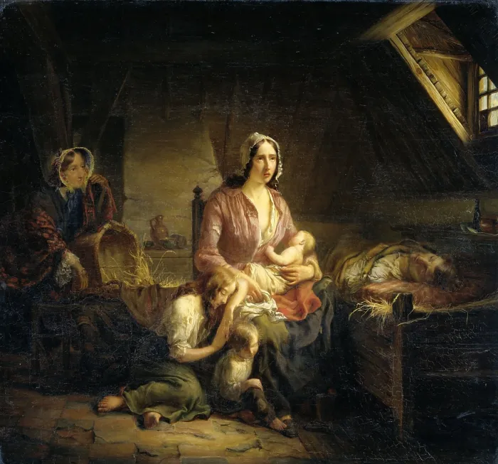 Framed Print : A Rich Lady Visits a Poor Family, by Gerardus Terlaak, 1853, Dutch, oil on canvas. A distressed young mother with three children at the bedside of her sick husband