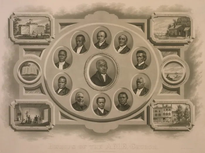 Framed Print : Richard Allen (1760-1831) and other African Methodist Episcopal bishops, surrounded by scenes including Wilberforce University, Payne Institute, missionaries in Haiti