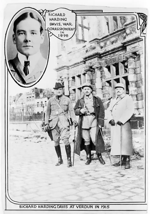 Framed Print : Richard Harding Davis (1864-1916), American journalist at Verdun, with two other men, in 1915, and insert of head-and-shoulders portrait of Davis in 1898 Framed Print : Richard Harding Davis (1864-1916), American journalist at Verdun, with two other men, in 1915, and insert of head-and-shoulders portrait of Davis in 1898
