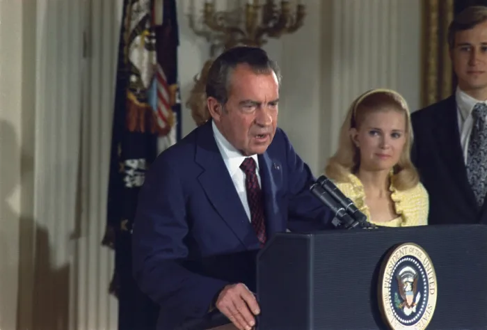 Framed Print : Richard Nixon addressing his Cabinet and White House staff after his resignation of the Presidency. At left are Edward and Tricia Nixon Cox. Aug. 9 1974 Framed Print : Richard Nixon addressing his Cabinet and White House staff after his resignation of the Presidency. At left are Edward and Tricia Nixon Cox. Aug. 9 1974
