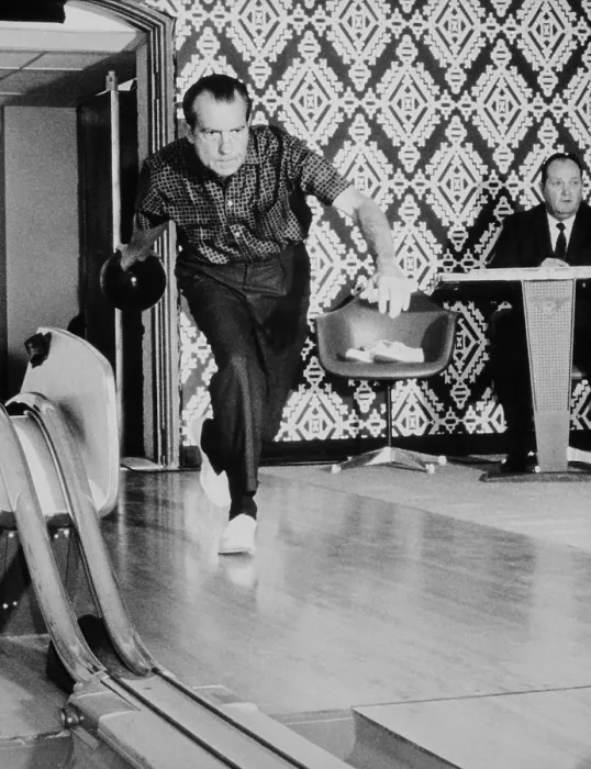 Framed Print : Richard Nixon bowling at the White House bowling alley. 1970