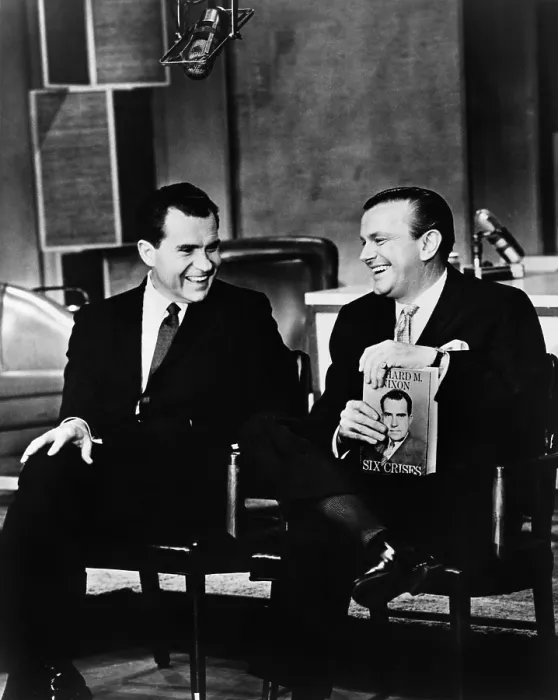 Framed Print : Richard Nixon chats with Jack Paar on the latter's television program in 1962