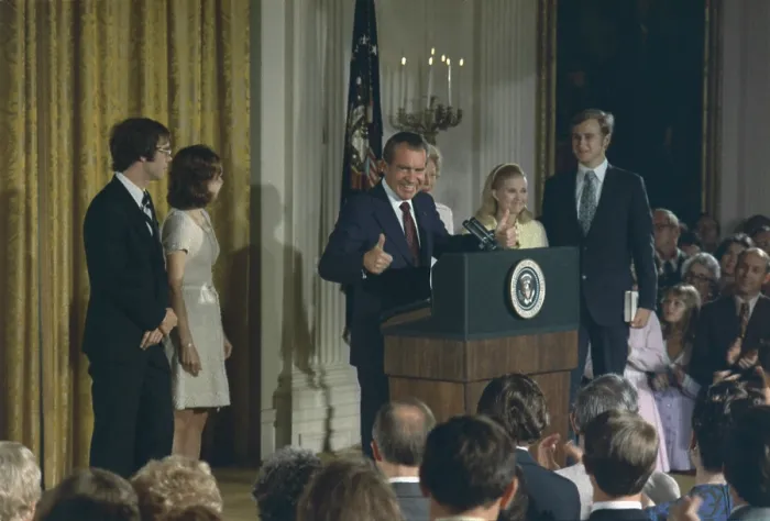 Framed Print : Richard Nixon delivering his farewell speech to his Cabinet and White House staff. L to R Framed Print : Richard Nixon delivering his farewell speech to his Cabinet and White House staff. L to R