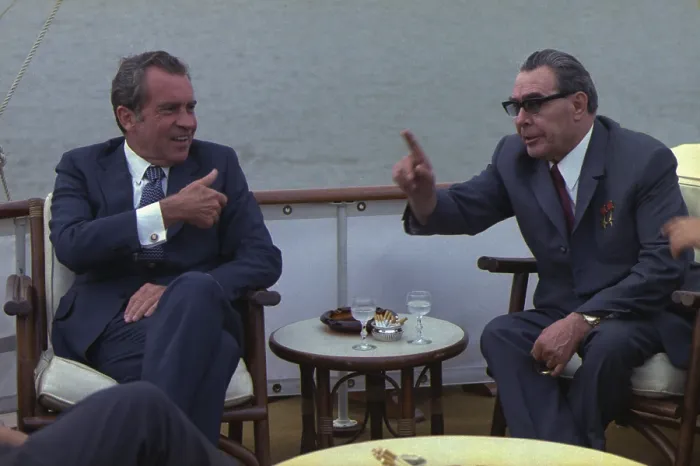 Framed Print : Richard Nixon and Leonid Brezhnev aboard the Presidential Yacht Sequoia June 19 1973