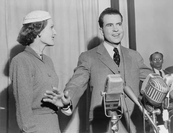 Framed Print : Richard Nixon standing behind microphones with wife Pat shortly after the 1952 election. He was elected Eisenhower's Vice President. (BSLOC_2014_13_80) Framed Print : Richard Nixon standing behind microphones with wife Pat shortly after the 1952 election. He was elected Eisenhower's Vice President. (BSLOC_2014_13_80)
