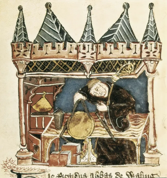 Framed Print : Richard de Wallingford measuring a circular instrument with a couple of compasses. Illustration of the manuscript 'Cotton Claudius'. Gothic art. Miniature Painting Framed Print : Richard de Wallingford measuring a circular instrument with a couple of compasses. Illustration of the manuscript 'Cotton Claudius'. Gothic art. Miniature Painting