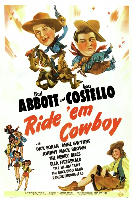 Framed Print : RIDE EM COWBOY, US poster art, top from left: Bud Abbott, Lou Costello, bottom right: Anne Gwynne, 1942