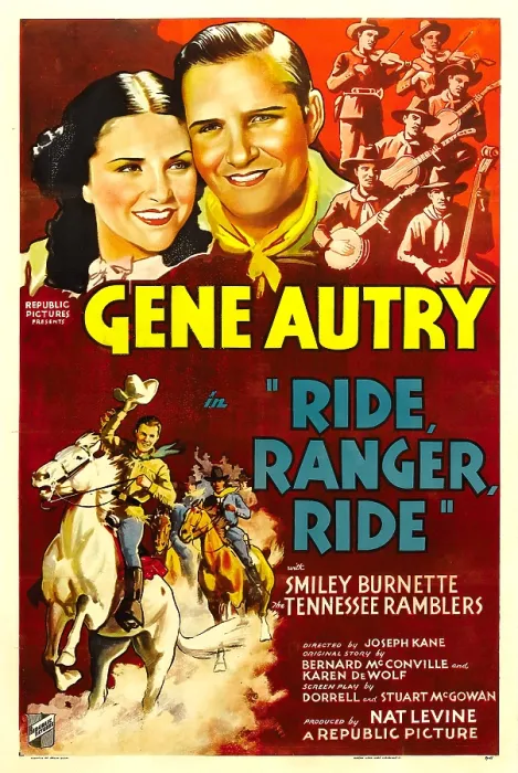 Framed Print : RIDE, RANGER, RIDE, top from left: Kay Hughes, Gene Autry, The Tennessee Ramblers, bottom left: Gene Autry, 1936
