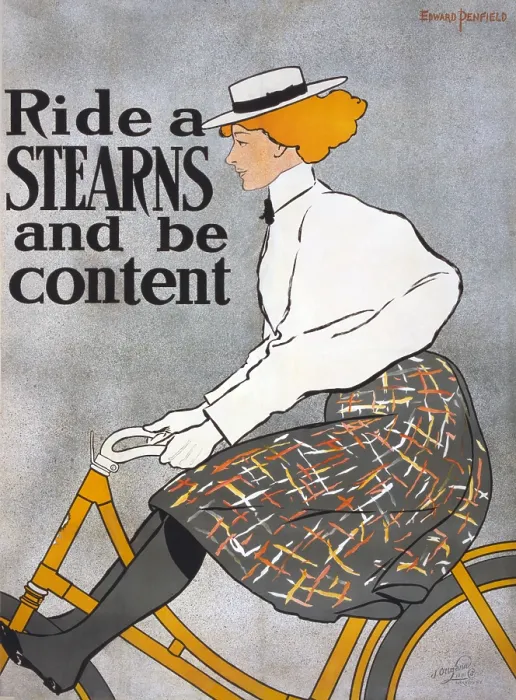 Framed Print : Ride a Stearns and be content. Poster advertising Stearns bicycles, showing a woman cyclist. Edward Penfield chromolithograph ca. 1896 Framed Print : Ride a Stearns and be content. Poster advertising Stearns bicycles, showing a woman cyclist. Edward Penfield chromolithograph ca. 1896