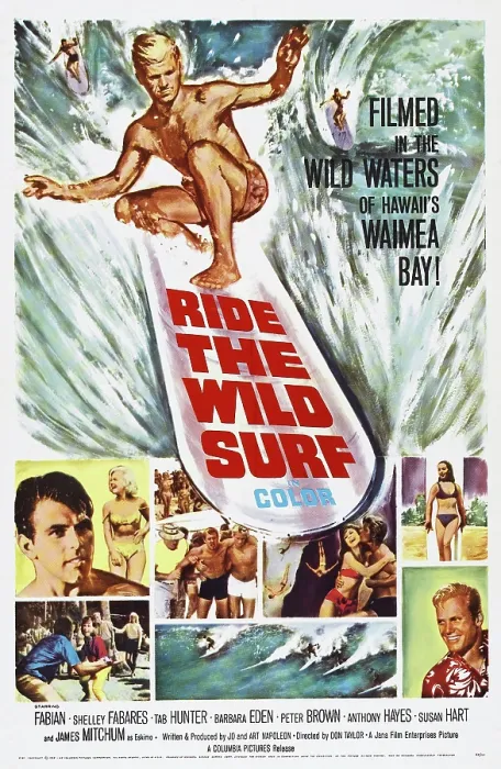 Framed Print : RIDE THE WILD SURF, US poster art, bottom top left: Fabian, bottom far right: Tab Hunter, 1964