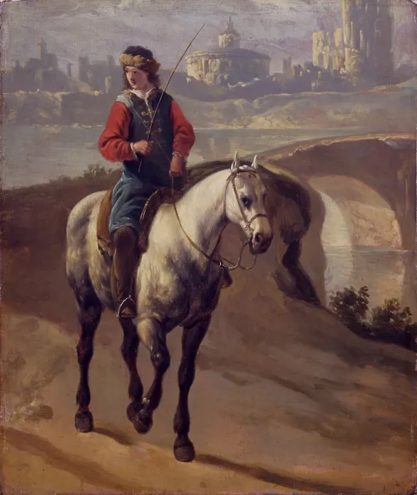Framed Print : Rider in a landscape, after Aelbert Cuyp, second half of the 17th Century, oil on board, 19, 5 x 23 cm - Italy, Lombardy, Milan, Castello Sforzesco
