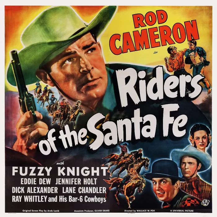 Framed Print : RIDERS OF THE SANTA FE, US poster art, top right: Rod Cameron; bottom from left: Fuzzy Knight, Lane Chandler, Jennifer Holt, 1944